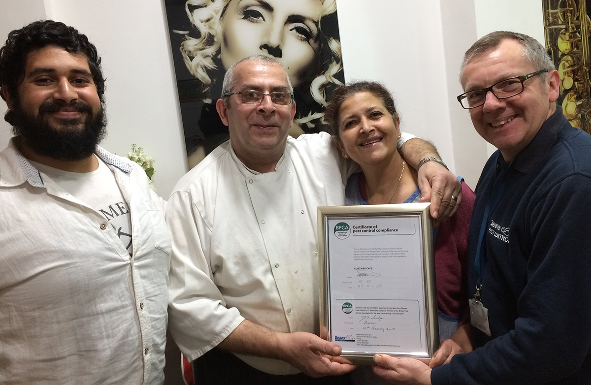 Alistair's Café in Crystal Palace, London with their Certificate of Pest Control Compliance given to them by BPCA member Beaver Pest Control